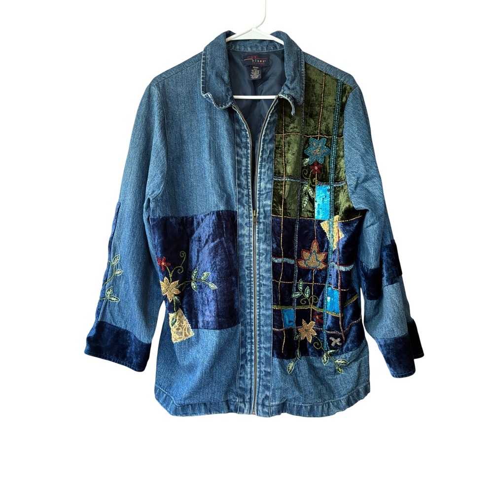 Artsy Blues Petites Denim Jacket Velvet PatchworkBeaded Floral Sequin Blue 16WP
